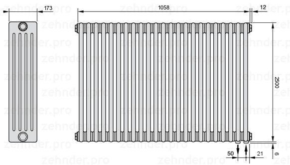 Схема (чертеж) Радиатор Zehnder Charleston 5250/23 №5510 Белый глянцевый RAL 9016
